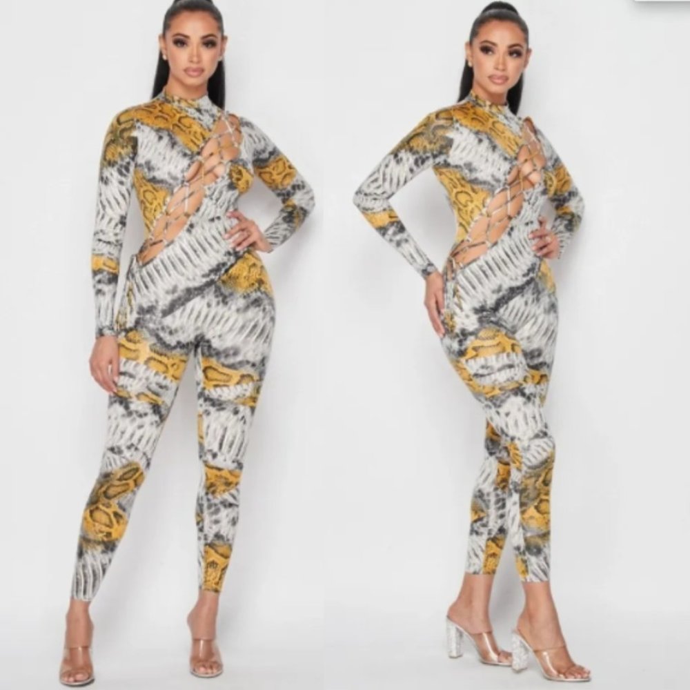 NWT Gray Black Yellow Snakeskin Print Cut out Movin On One Pieces Jumpsuits